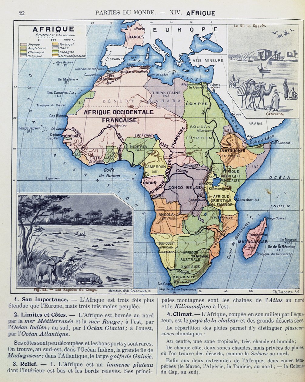 Karta över det koloniala Afrika, från en skolbok, publicerad 1911 av Charles Lacoste