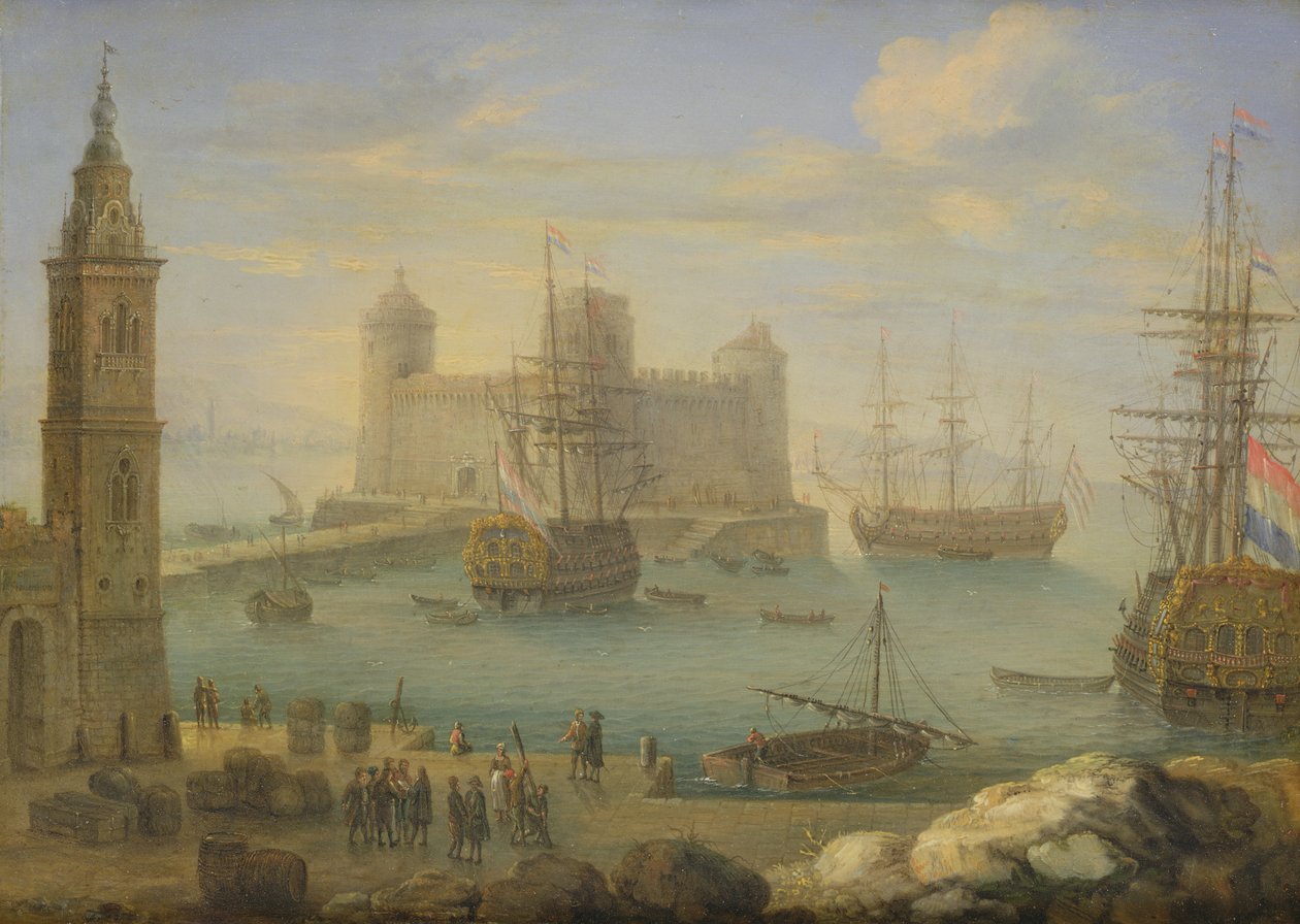 En medelhavshamn med män o krig (olja på koppar) av Charles Laurent Grevenbroeck