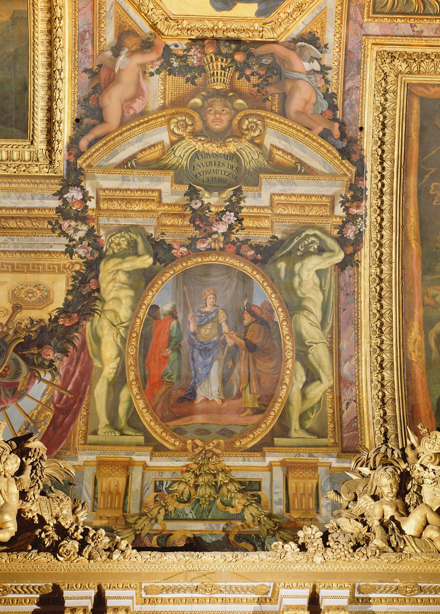Ambassadörer Anländer från jordens alla hörn, takmålning från Galerie des Glaces av Charles Le Brun