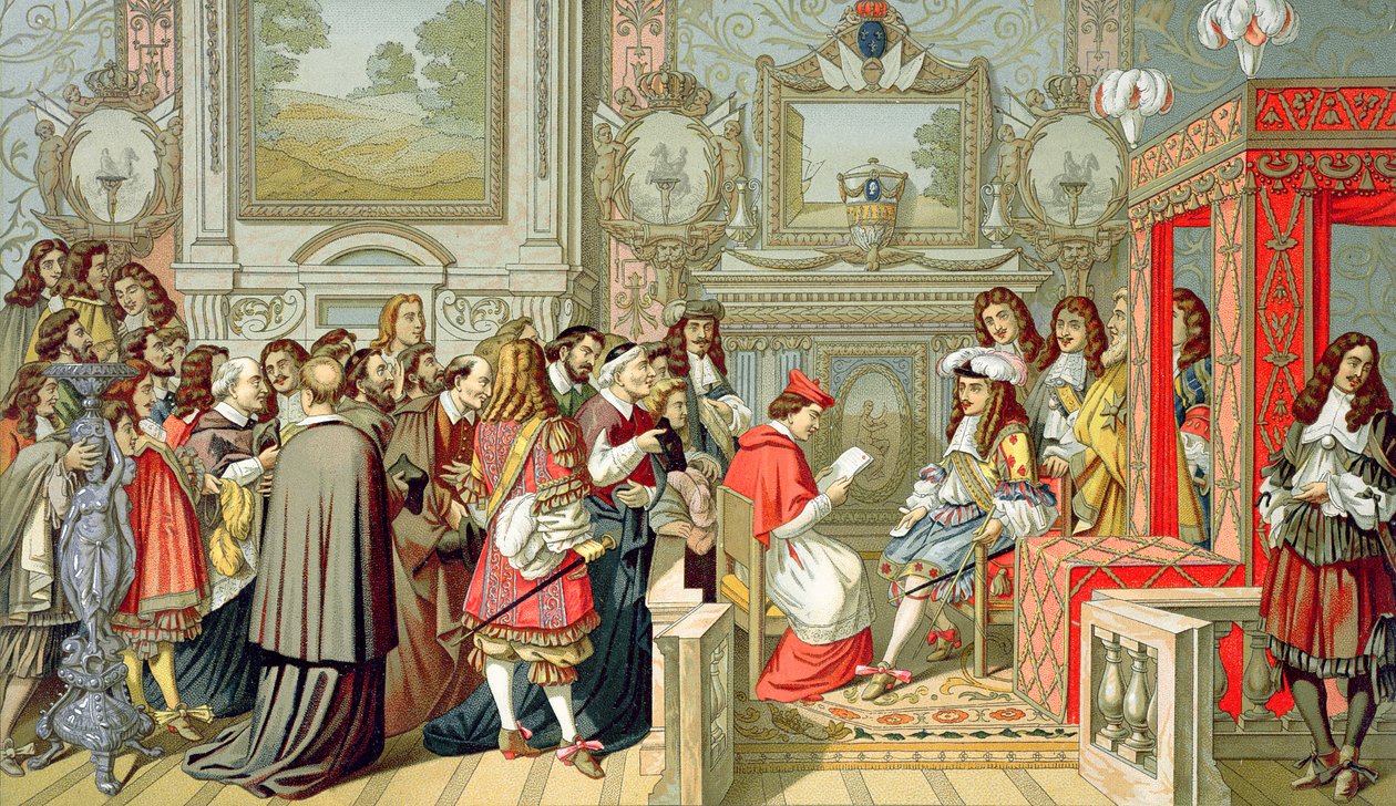 Ludvig XIV (1638-1715) tar emot den påvliga legaten i Fontainebleau den 29 juli 1664. av Charles Le Brun