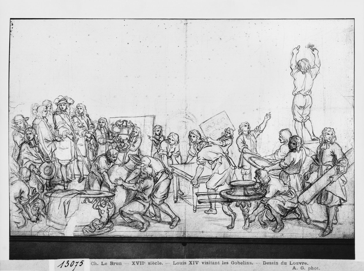 Ludvig XIV besöker Gobelins-fabriken (pierre noire på papper) av Charles Le Brun