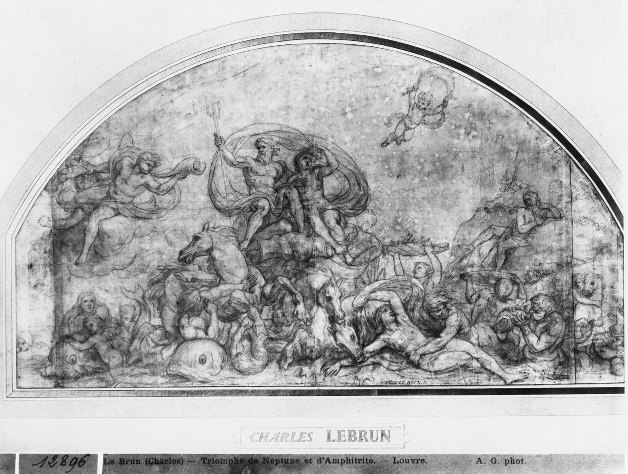 Neptune and Amphitrite eller Reawakening of Waters, c.1663 (penna och brunt bläck och pierre noire och röd krita och grå tvätt på beige papper) av Charles Le Brun