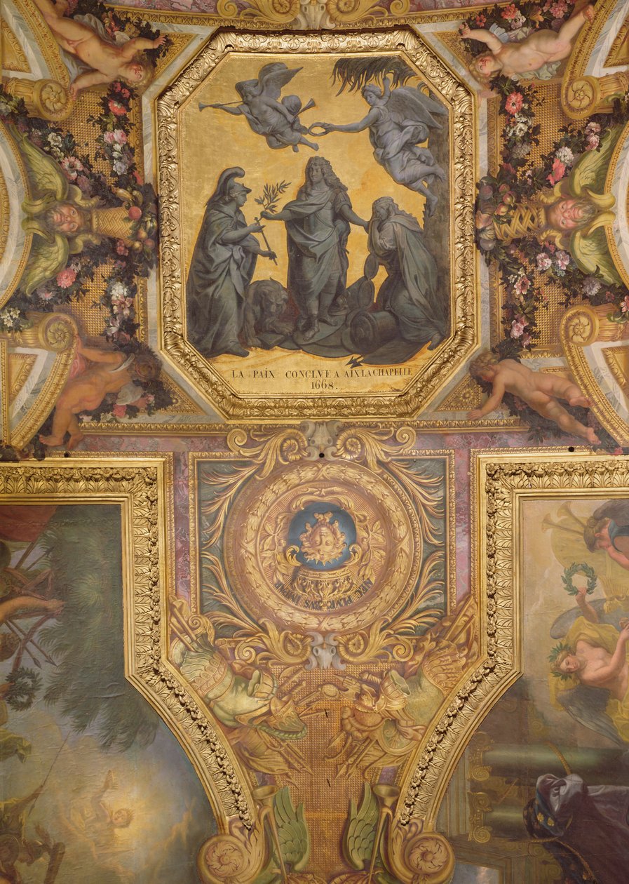 Fred skapades i Aix-la-Chapelle 1668, takmålning från Galerie des Glaces av Charles Le Brun