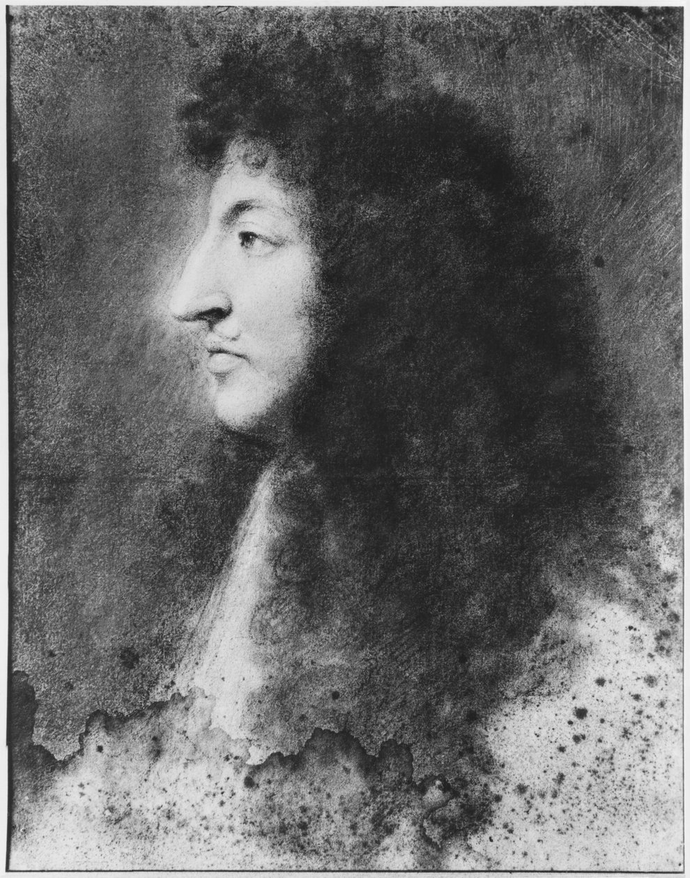 Porträtt av Ludvig XIV, ung, i profil till vänster, ca 1669-70 (pastell på gråbeige papper) av Charles Le Brun