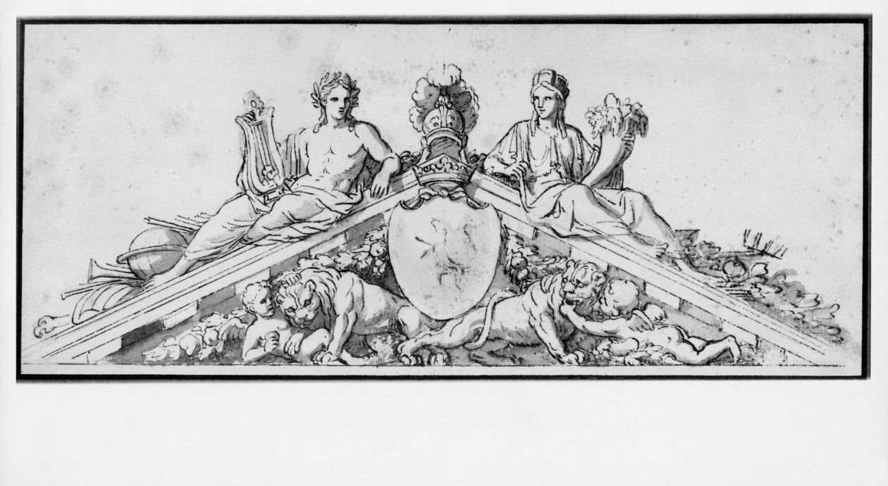 Projekt för frontonen av slottet Vaux-Le-Vicomte (penna och brunt bläck och pierre noire och brun tvätt på beige papper) av Charles Le Brun
