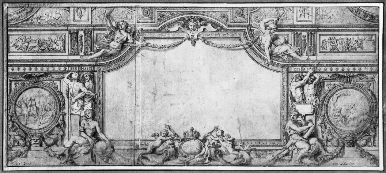 Projekt av dekorerat tak, c.1663 (penna och svart bläck och grå tvätt på brunt papper) av Charles Le Brun