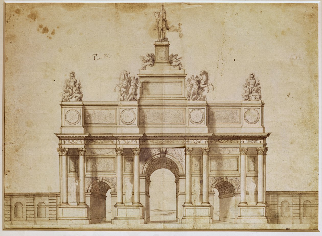 Förslag till Triumfbågen, rue Saint-Antoine, Paris, ca 1668 (penna och brunt bläck på papper) av Charles Le Brun