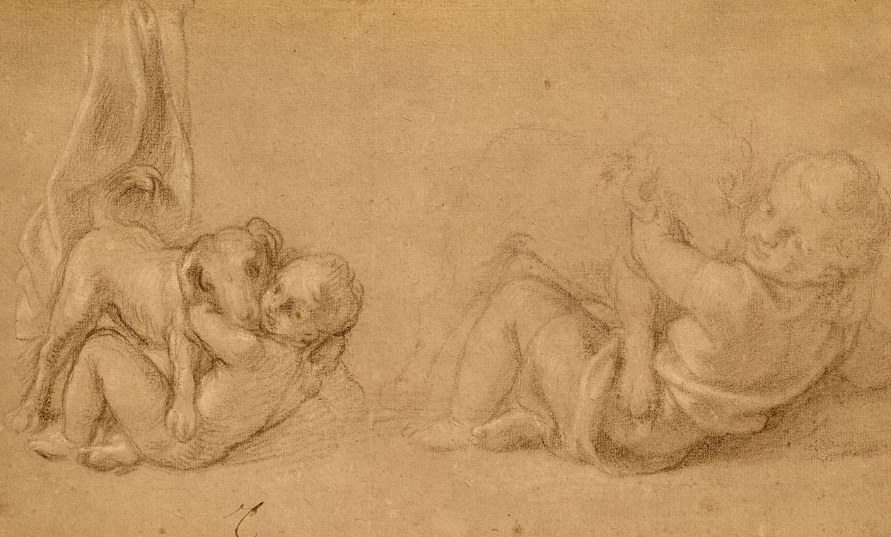 Studie av ett barn med en hund (penna och krita på papper) av Charles Le Brun