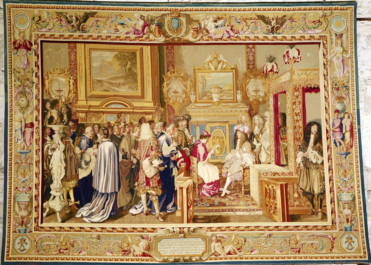 Kardinal Chigis publik med Ludvig XIV (1638-1715) i Fontainebleau, 29 juli 1664, Gobelins fabrik (gobeläng) av Charles Le Brun