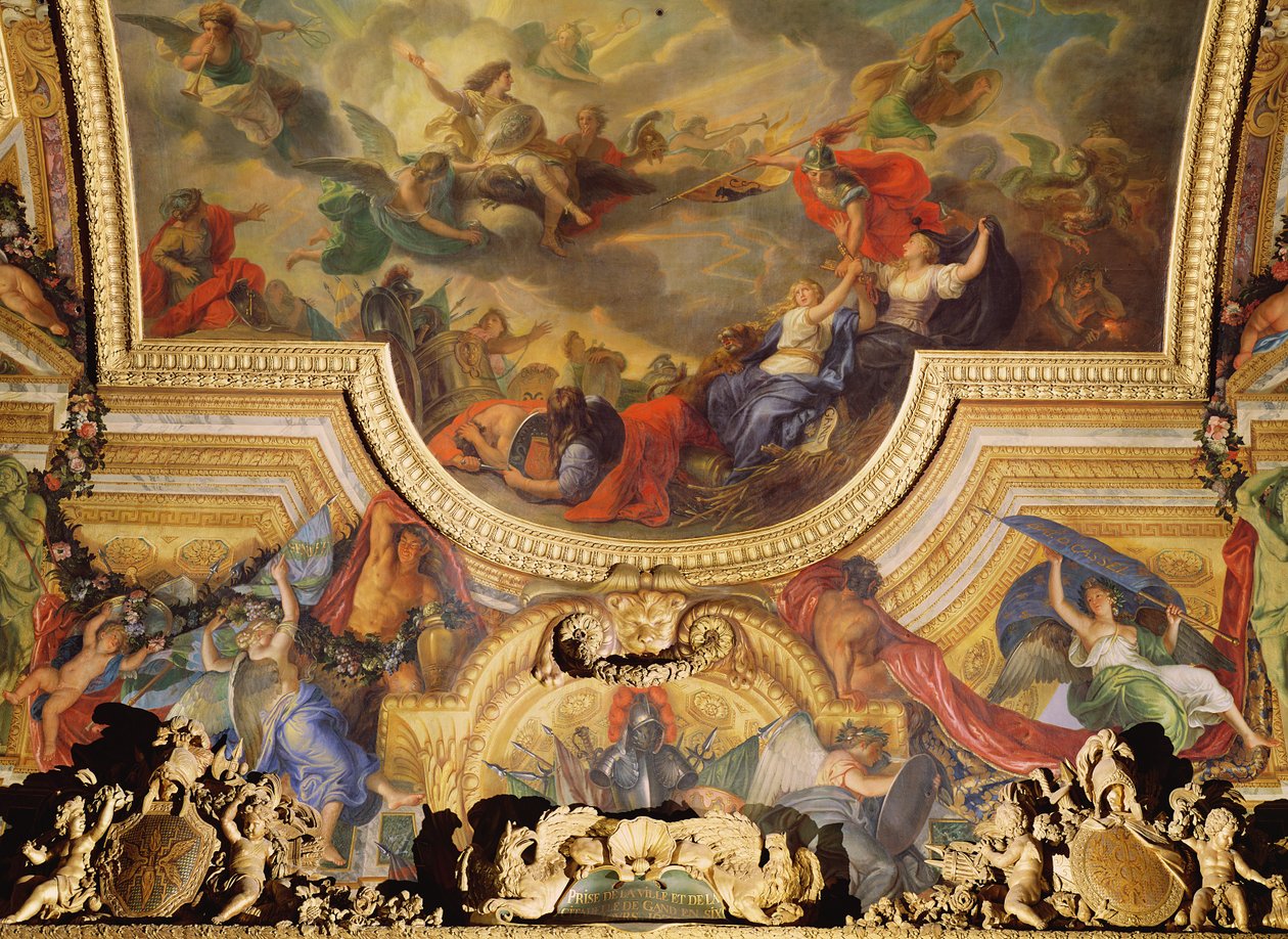 Infångandet av staden och citadellet i Gent på sex dagar 1678, takmålning från Galerie des Glaces av Charles Le Brun