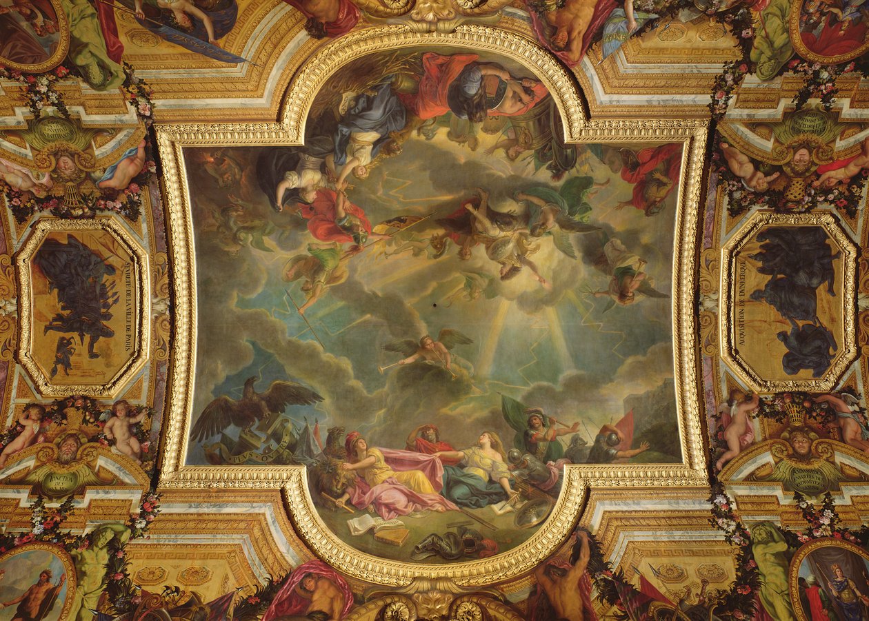 Intagandet av staden och citadellet i Gent på sex dagar 1678 och spanjorernas strategi som förstördes genom intagandet av Gent, takmålning från Galerie des Glaces (se 165391 och 165392). av Charles Le Brun