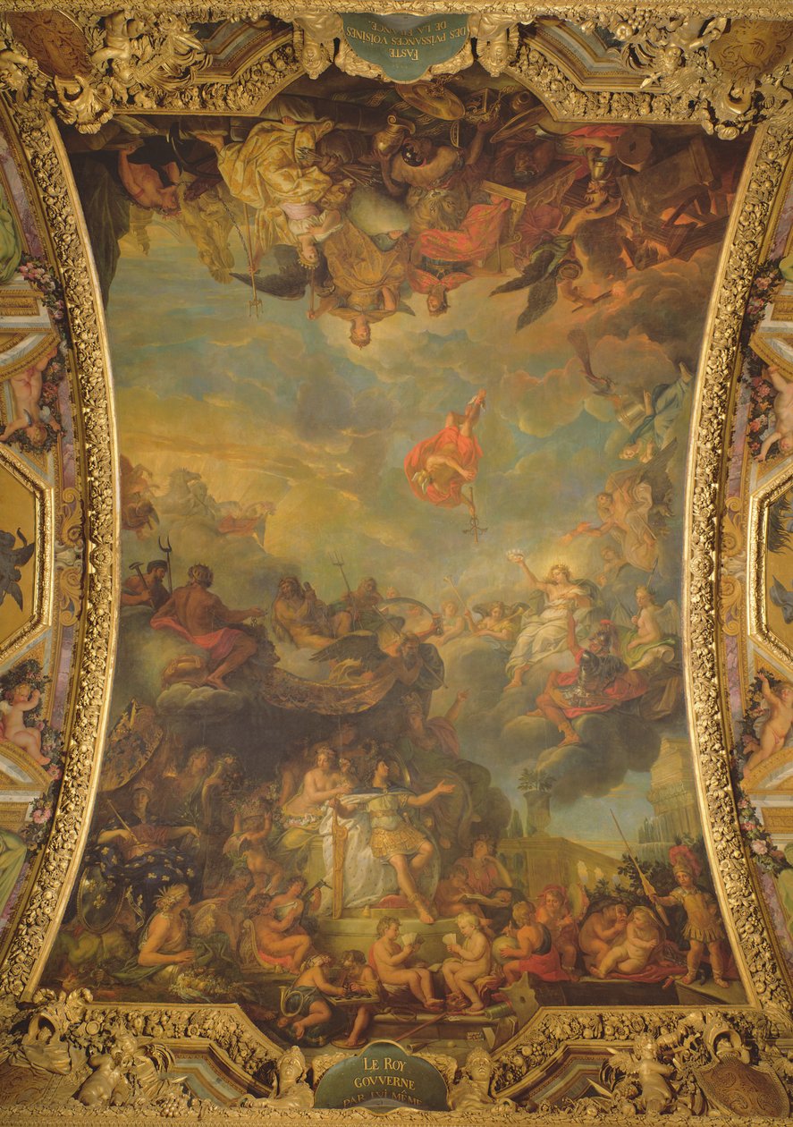 Utsikt över kung Ludvig XIV (1638-1715) som styrde ensam 1661 och Frankrikes välmående grannmakter, takmålning från Galerie des Glaces av Charles Le Brun