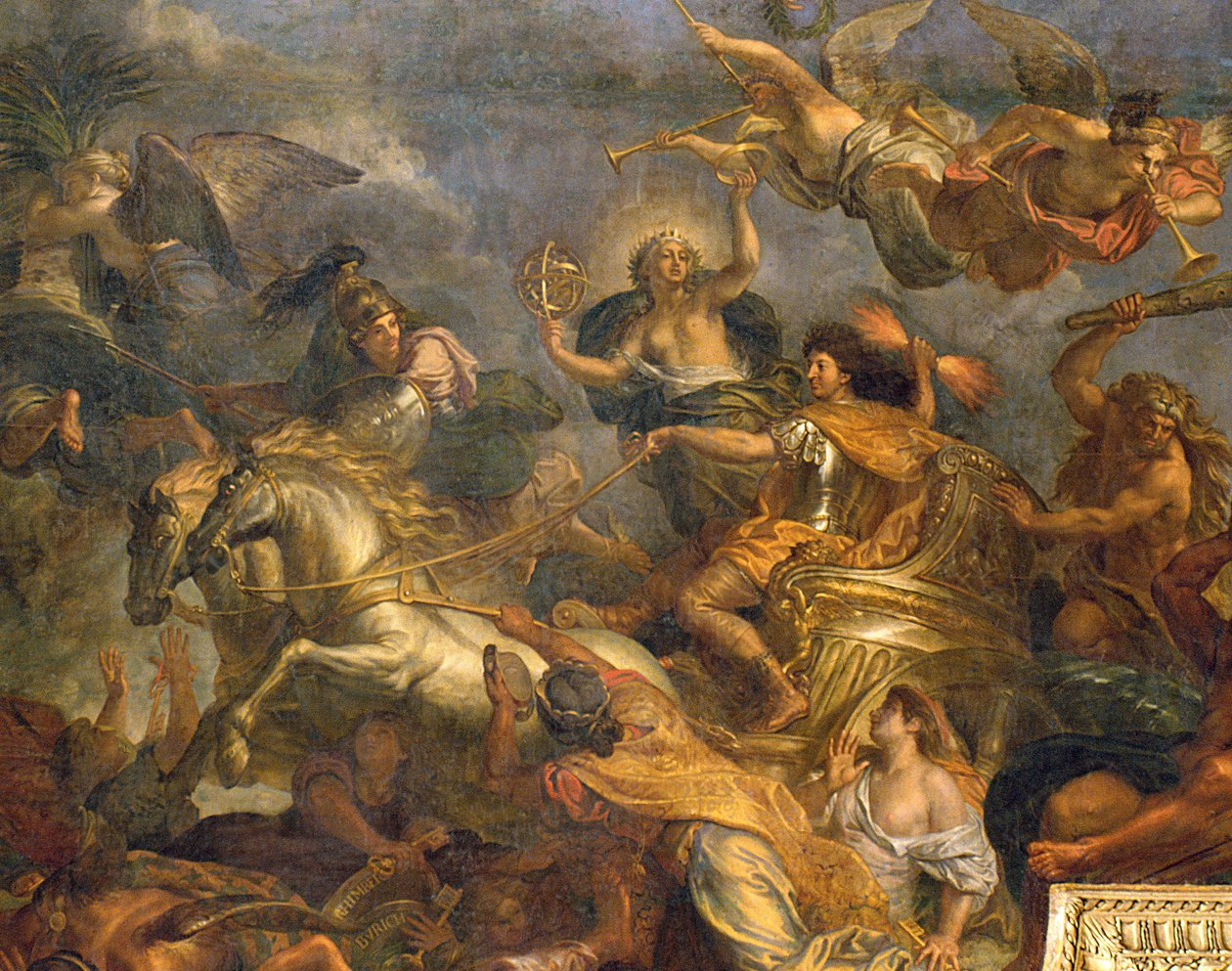 Vy över kungens intåg i Maastricht på tretton dagar 1673 och passagen på Rhen i fiendernas närvaro 1672, takmålning från Galerie des Glaces, 1678-86 detalj av 208101 av Charles Le Brun