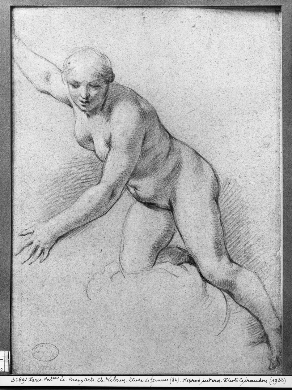 Kvinna på knä på ett moln (pierre noire på grått papper) av Charles Le Brun