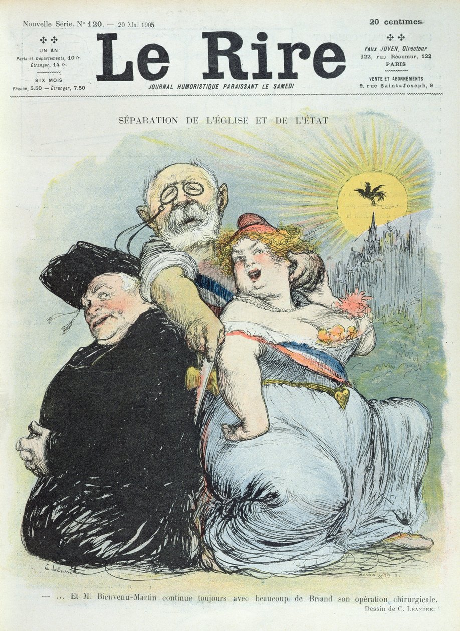 Jean-Baptiste Bienvenu-Martin (1847-1943) skiljer staten från kyrkan, karikatyr från tidningen "Le Rire" 20 maj 1905 av Charles Leandre