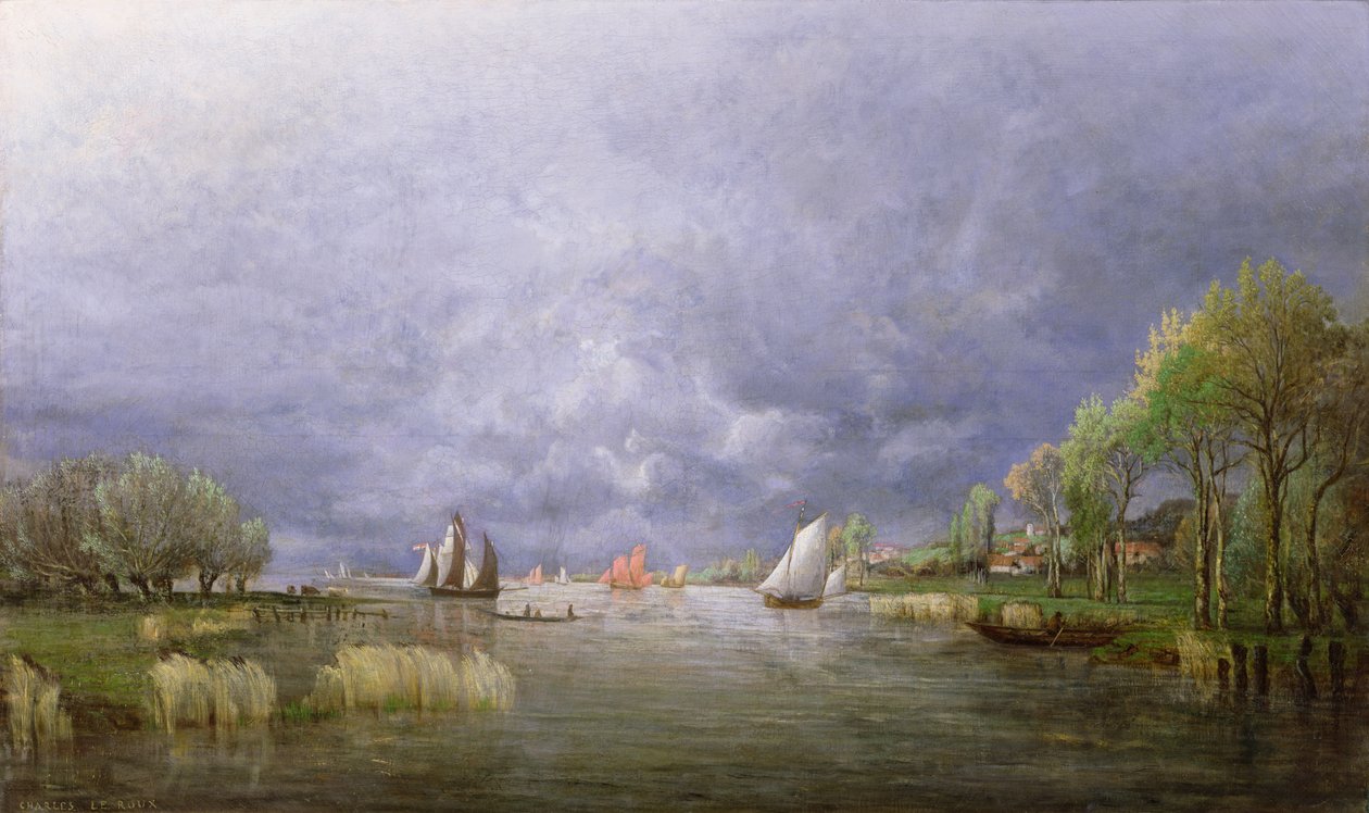 Banks of the Loire under våren, stormeffekt, 1857 av Charles Leroux