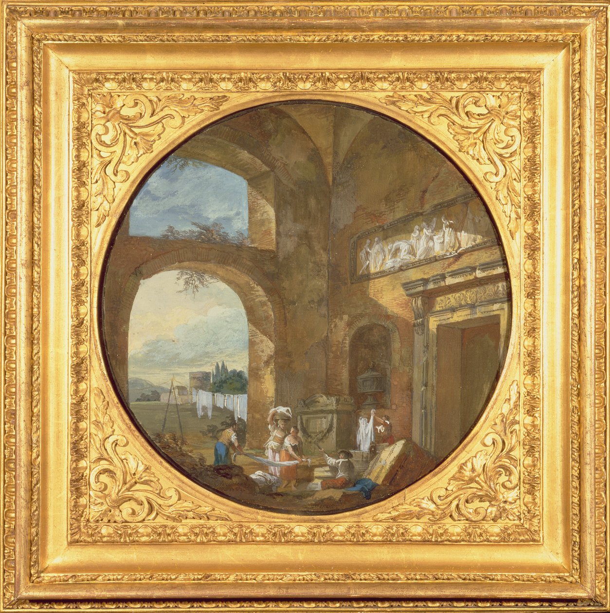 Interiör i en antik ruin med tvättkorrar, 1763 av Charles Louis Clerisseau
