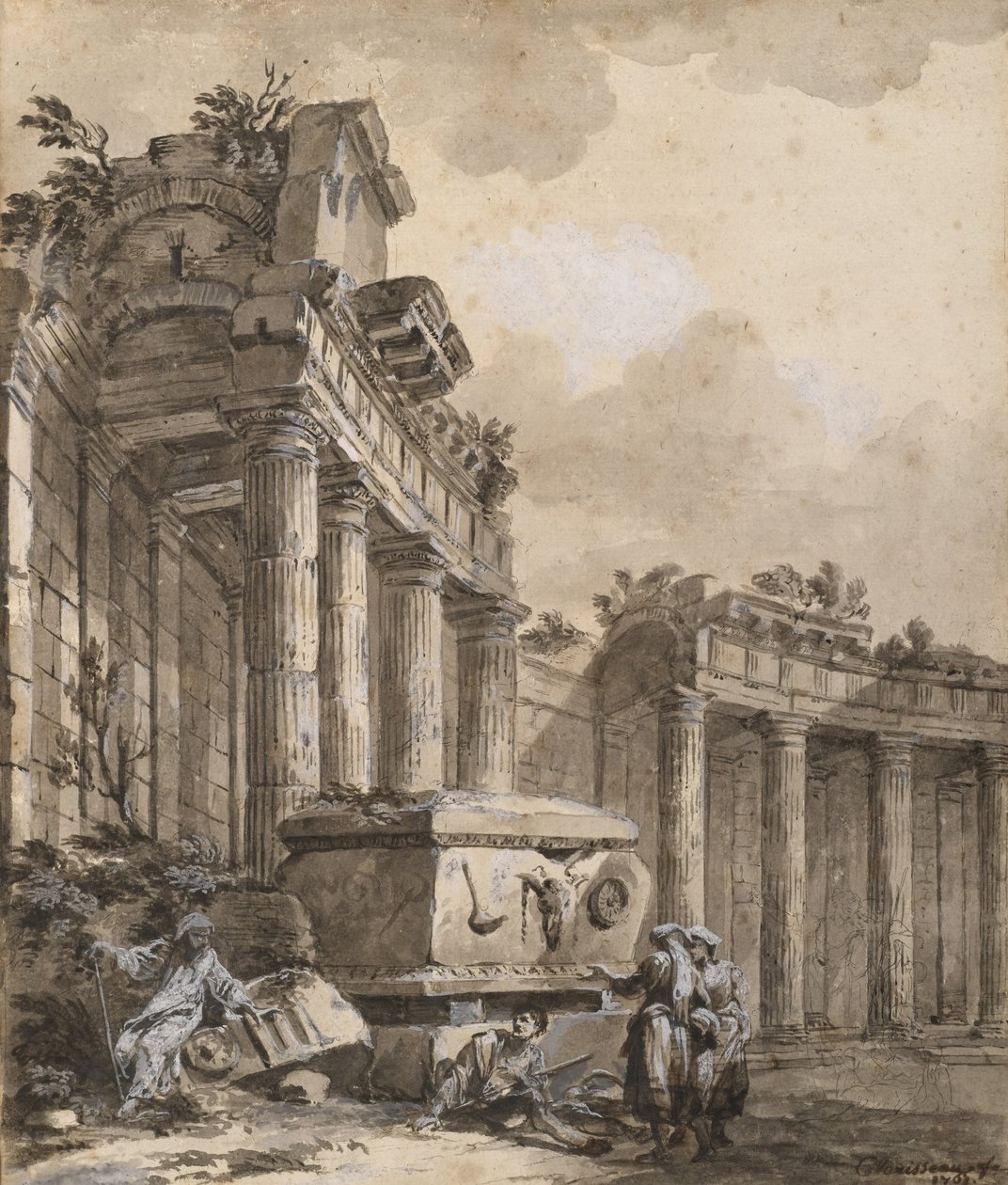 Figurer nära en förstörd pelargång av Charles Louis Clerisseau
