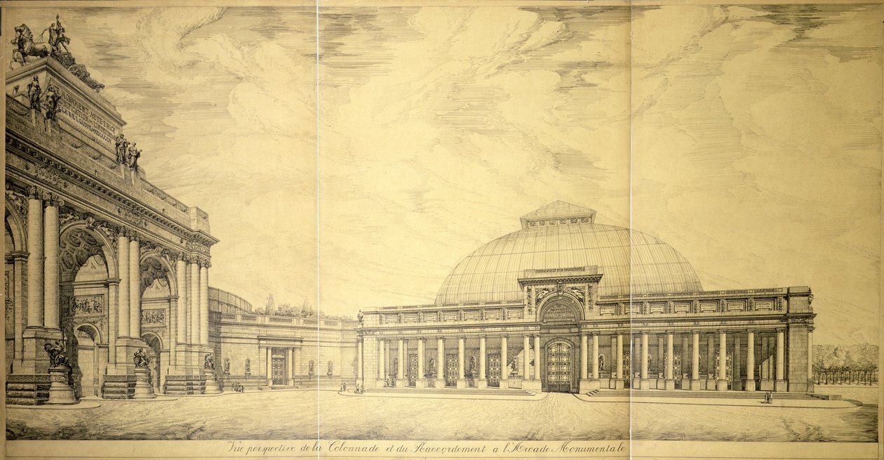 Triumfbågen och en av de halvcirkelformade kolonnade flyglarna i Palais du Cinquantenaire, Bryssel 1906. av Charles Louis Girault