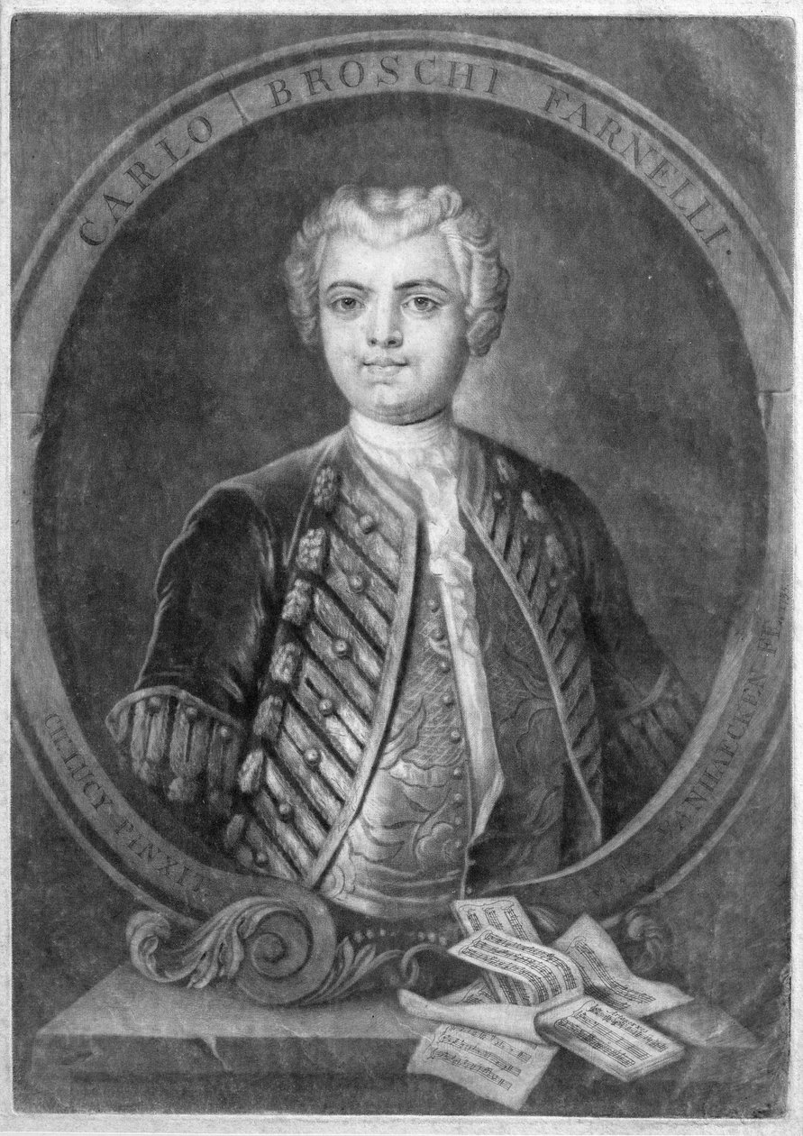 Porträtt av Carlo Broschi Farinelli (1705-82), italiensk castrato, graverad av Alexander von Haecken (1701-58), 1735 av Charles Lucy