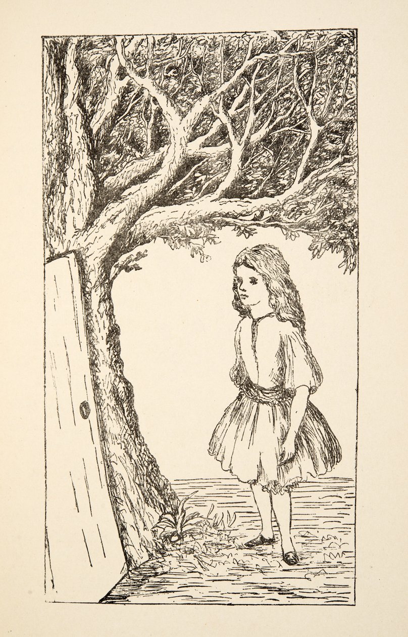 Alice hittar en dörr in i trädet, illustration från Alices Adventures Under Ground, pub. 1886 (faksimil) av Charles Lutwidge Dodgson
