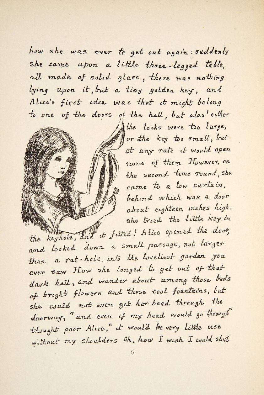Alice hittar den gyllene nyckeln, illustration från Alices äventyr under jorden, pub. 1886 (faksimil) av Charles Lutwidge Dodgson