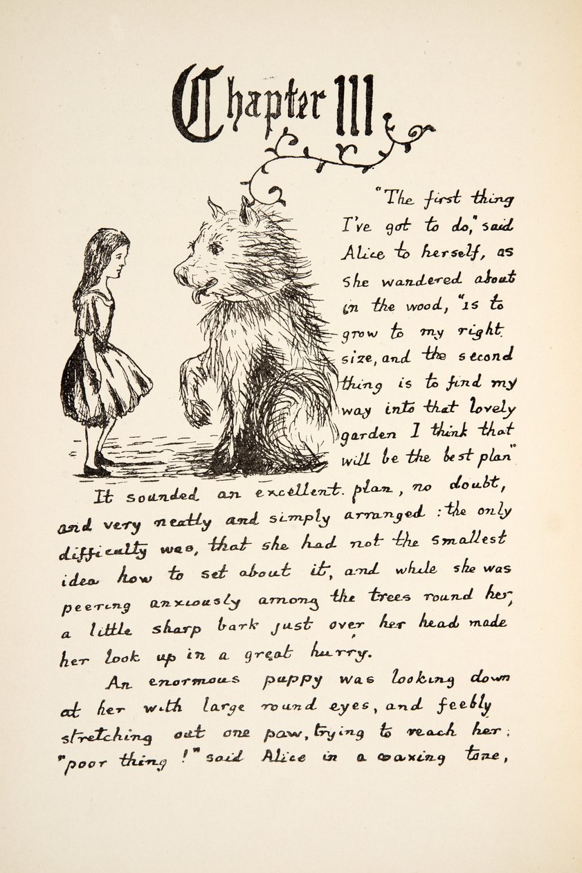 Alice meets the Puppy, illustration från Alices Adventures Under Ground, pub. 1886 (faksimil) av Charles Lutwidge Dodgson