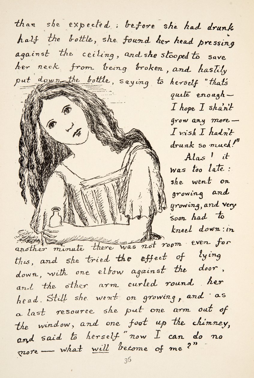 Alice börjar växa efter att ha druckit ur den lilla flaskan, illustration från Alice