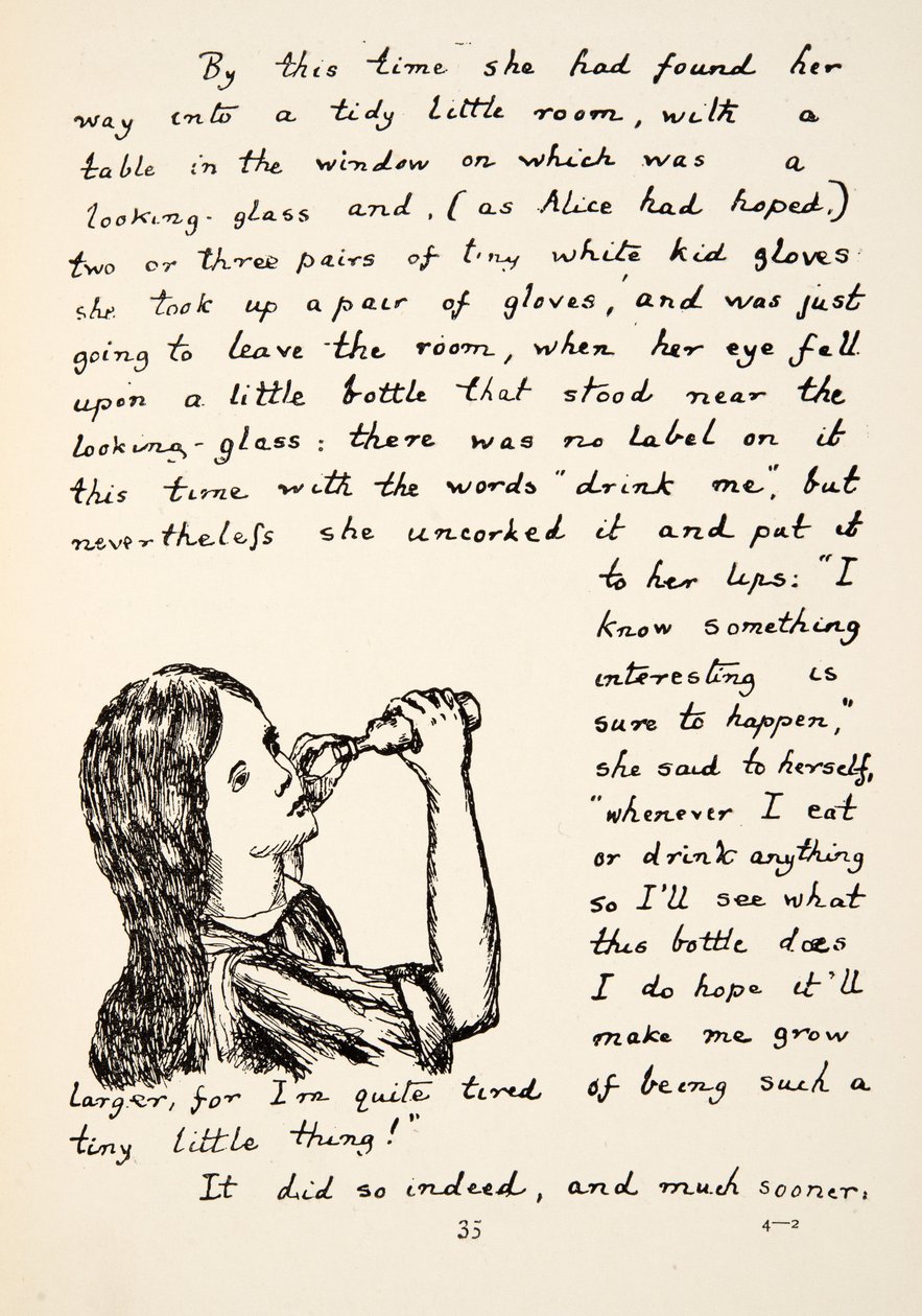 Alice tar upp den lilla flaskan, illustration från Alices Adventures Under Ground, pub. 1886 (faksimil) av Charles Lutwidge Dodgson