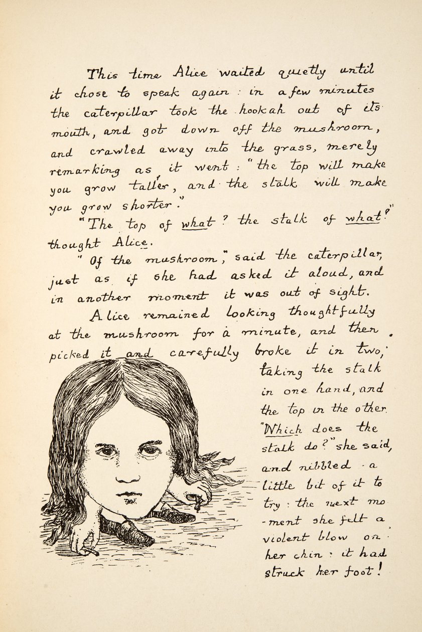 Alices haka slår i fötterna efter att ha ätit svampen, illustration från Alice