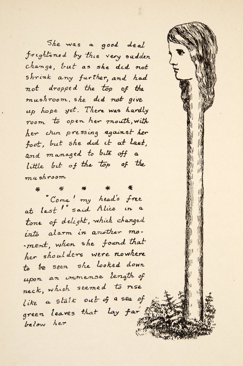 Alices nacke sträcker sig efter att ha ätit mer svamp, illustration från Alices Adventures Under Ground, pub. 1886 (faksimil) av Charles Lutwidge Dodgson