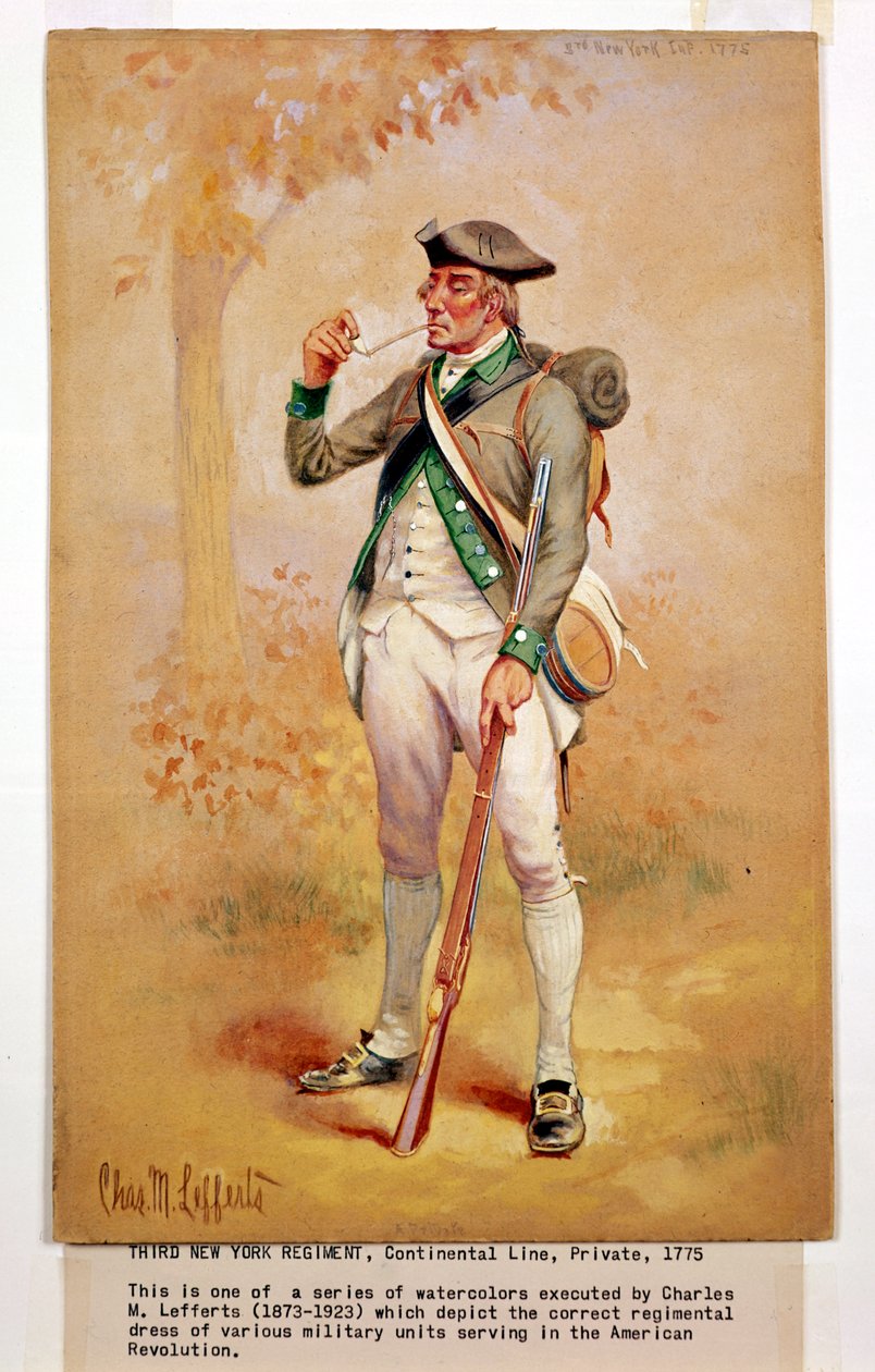 Uniform av en menig av kontinentallinjen i 3:e New York Regiment 1775, ca 1920 av Charles MacKubin Lefferts