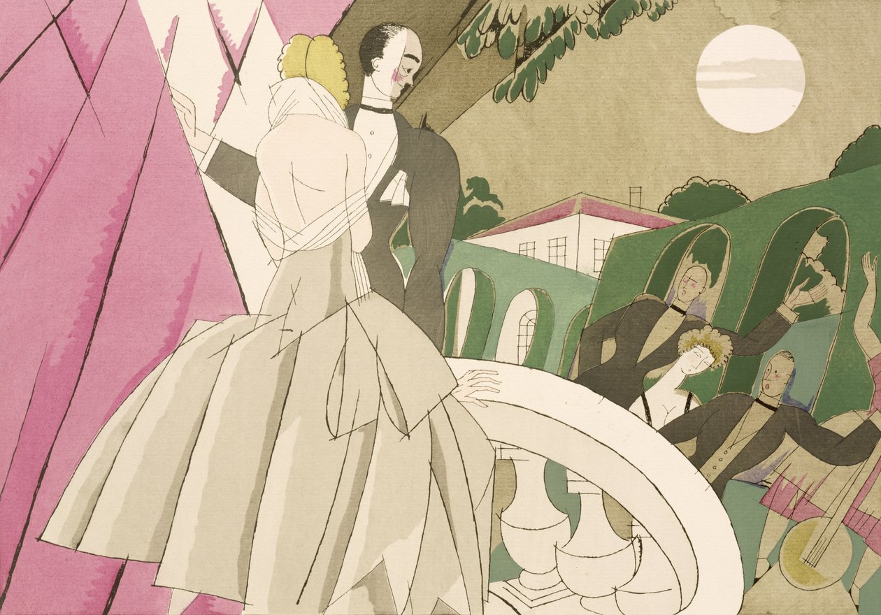 Kvällsbröllop på balkongen, ca 1920 (stencil på papper) av Charles Martin