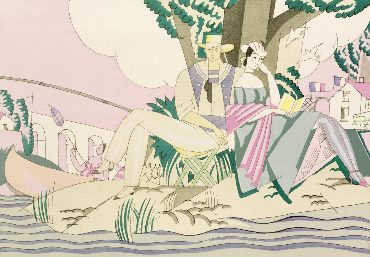 Picknick- och fiskescen, ca 1920 (stencil på papper) av Charles Martin