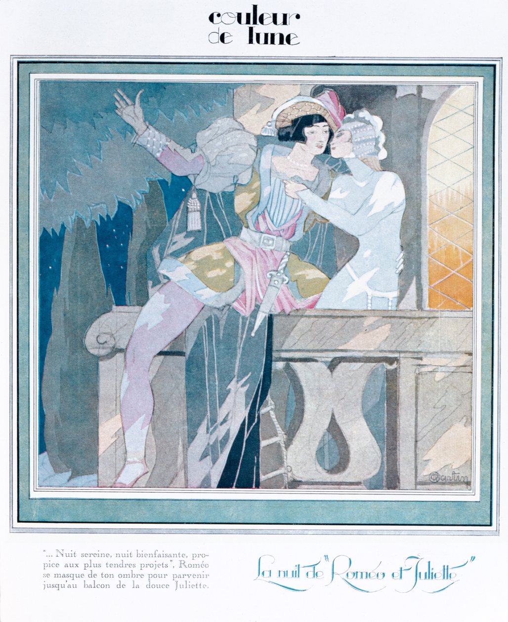 Romeo och Julia i balkongscenen, illustration från tidningen "Femina", december 1929 av Charles Martin