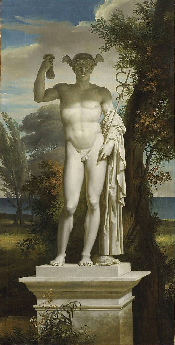  Statue of Mercury in a landscapenFrancais : Statue de Mercure dans un paysagen av Charles Meynier
