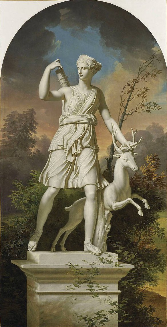  Statues of Diana the Huntress in a landscapenFrancais : Statue de Diane chasseresse sur fond de paysagen av Charles Meynier