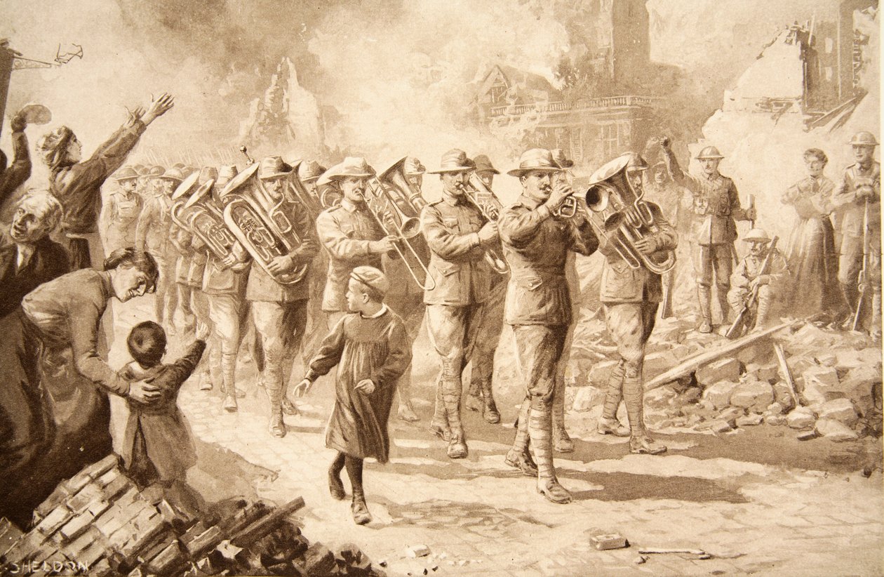 Triumfens musik: segerrika australier som intar Bapaume den 17 mars 1917 av Charles Mills Sheldon