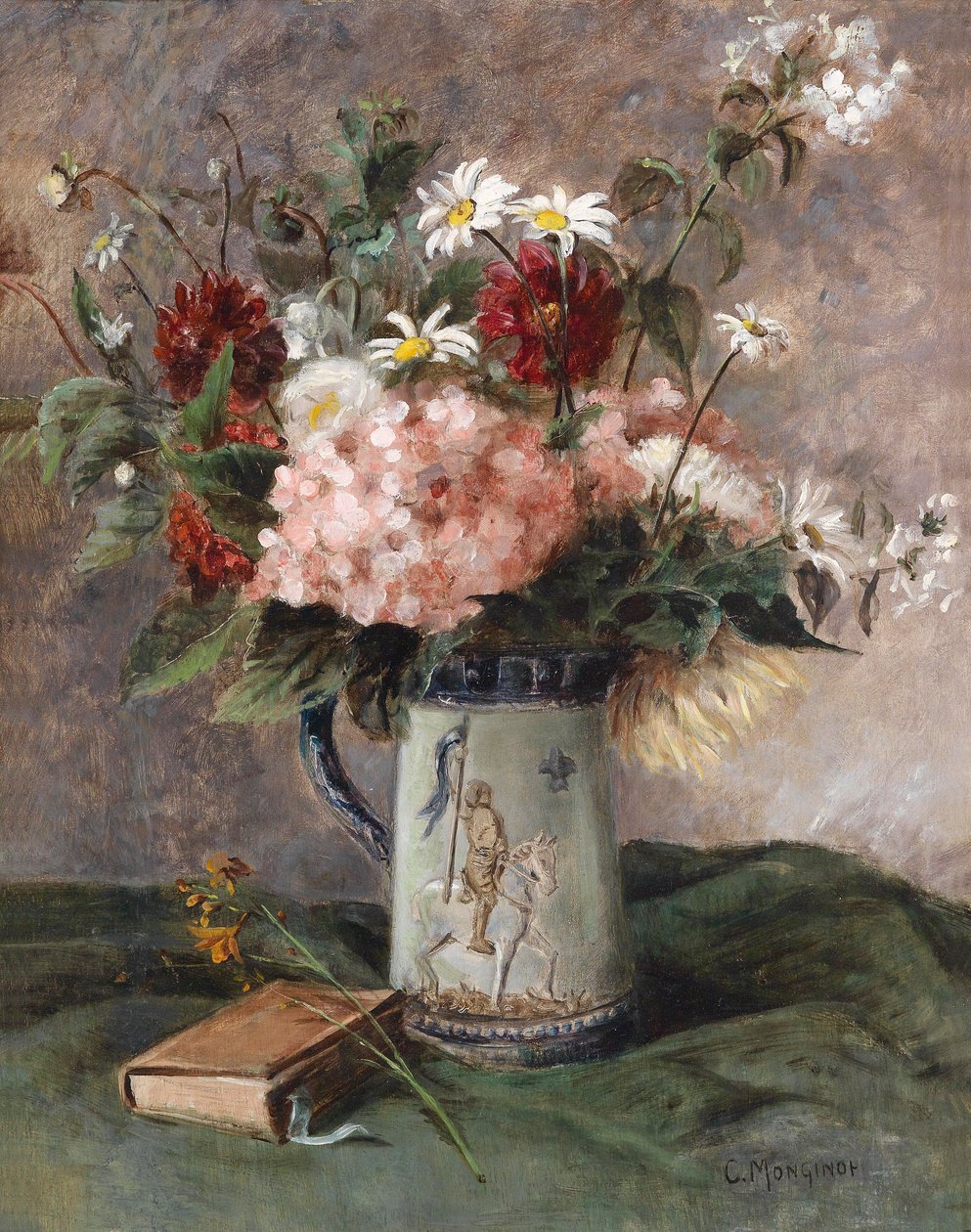 Blommastycke med bok av Charles Monginot