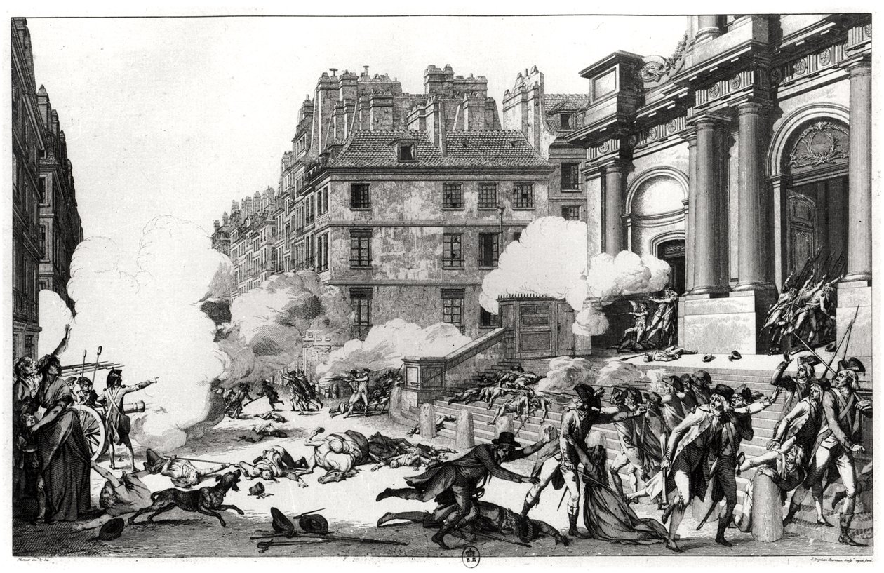 Dag 13 Vendemiaire an IV (5 oktober 1795), skottlossning före St. Roch-kyrkan i Paris, graverad av Jean Duplessi-Bertaux (1747-1819) av Charles Monnet