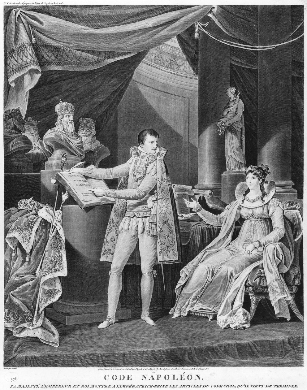 Hans Majestät kejsaren och kung Napoleon I (1769-1861) visar kejsarinnan-drottning Marie-Louise (1791-1847) artiklarna från Code Civil som han just hade avslutat, 1804 av Charles Monnet