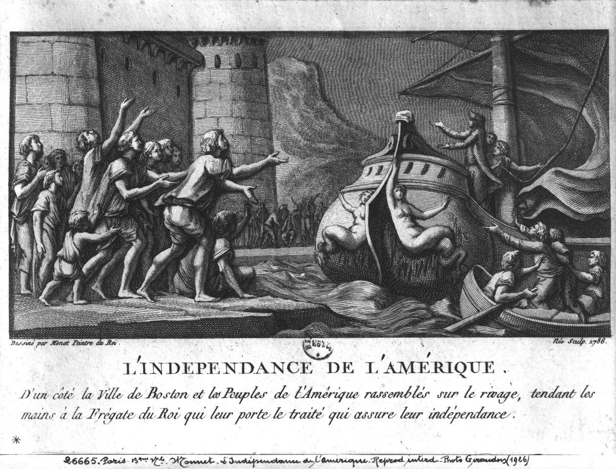 The American Independence, en fransk fregatt som förde fördraget till Boston, graverad av Francois Denis Nee (1732-1817), 1786 av Charles Monnet