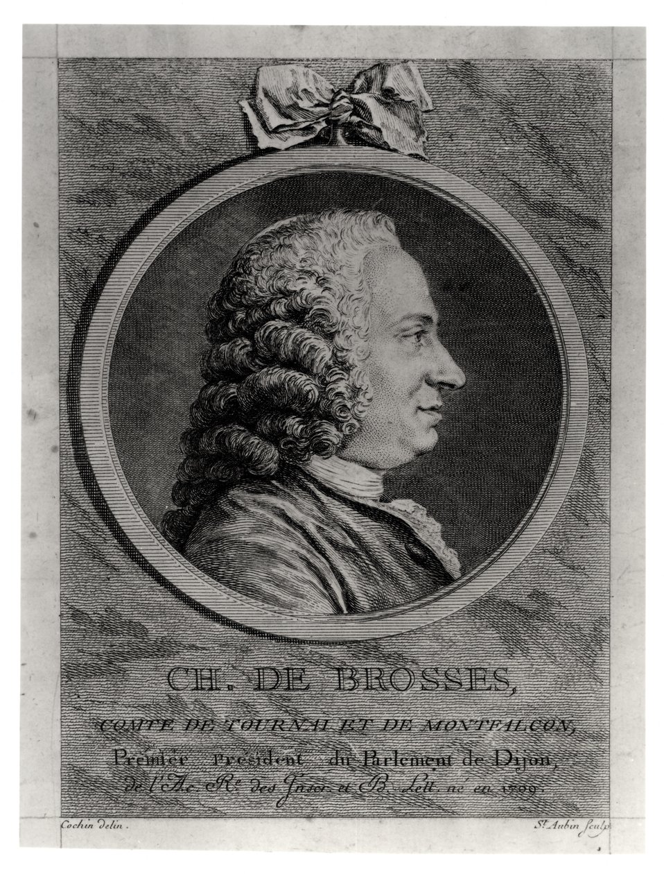 Charles de Brosses (1709-77), greve av Tournai och Montfaucon, graverad av Augustin de Saint-Aubin (1736-1807) av Charles Nicolas II Cochin