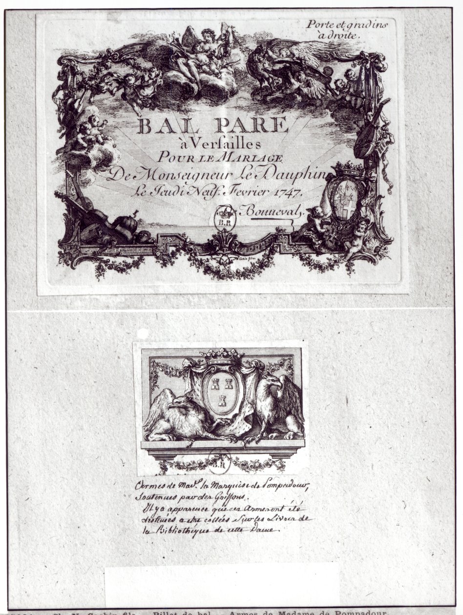 Inträdesbiljett till balen i Versailles för Monseigneur le Dauphins bröllop den 9 februari 1747 och Ex Libris med Madame de Pompadours vapen (1721-64) av Charles Nicolas II Cochin