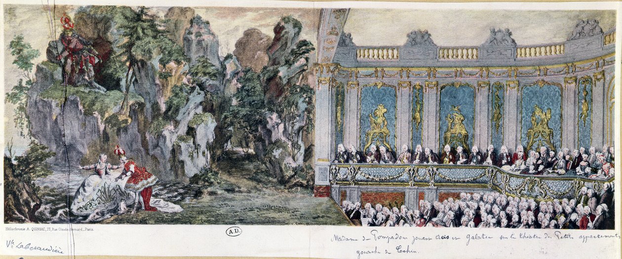 Jeanne Antoinette Poisson (1721-64), markisinnan de Pompadour och vicomte de Rohan i operan "Acis et Galatee" på Theatre des Petits Cabinets i Versailles, 10 februari 1749 (helioch). av Charles Nicolas II Cochin