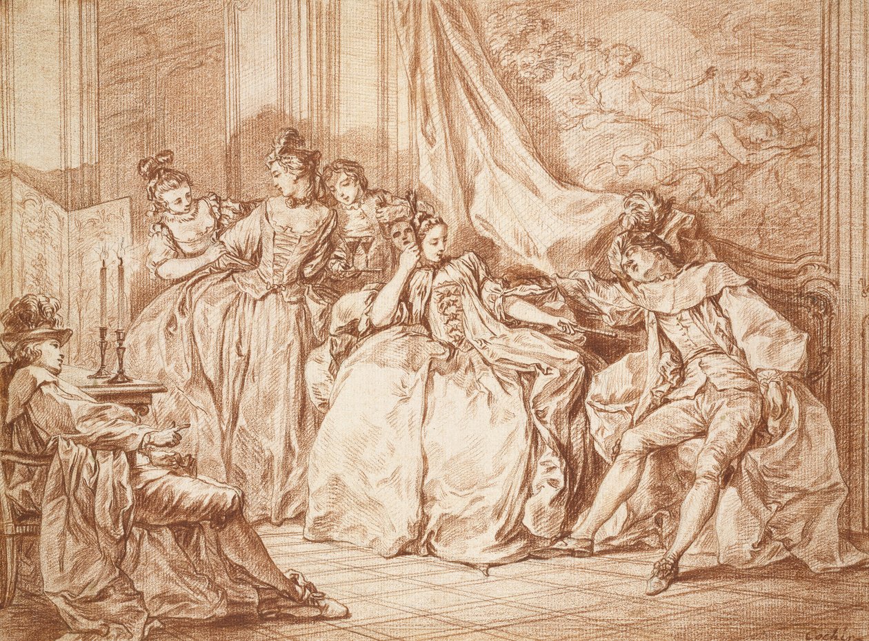 Party of Revelers (grafit med röd krita på benvitt papper, kantad med svart bläck) av Charles Nicolas II Cochin