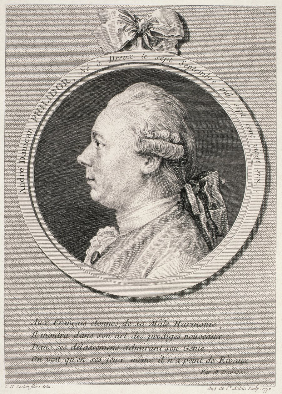 Porträtt av Francois-Andre-Danica Philidor (1726-95) graverad av Augustus de Saint-Aubin, 1772 av Charles Nicolas II Cochin