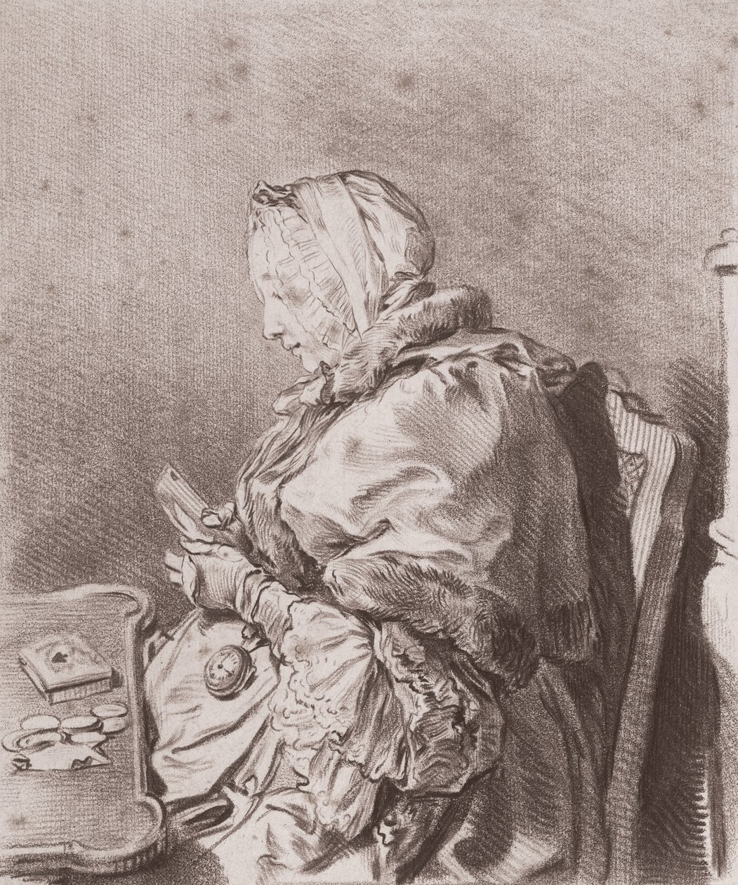 Porträtt av Madame Marie Therese Rodet Geoffrin (1699-1777) 1746 (rödkrita på papper) av Charles Nicolas II Cochin