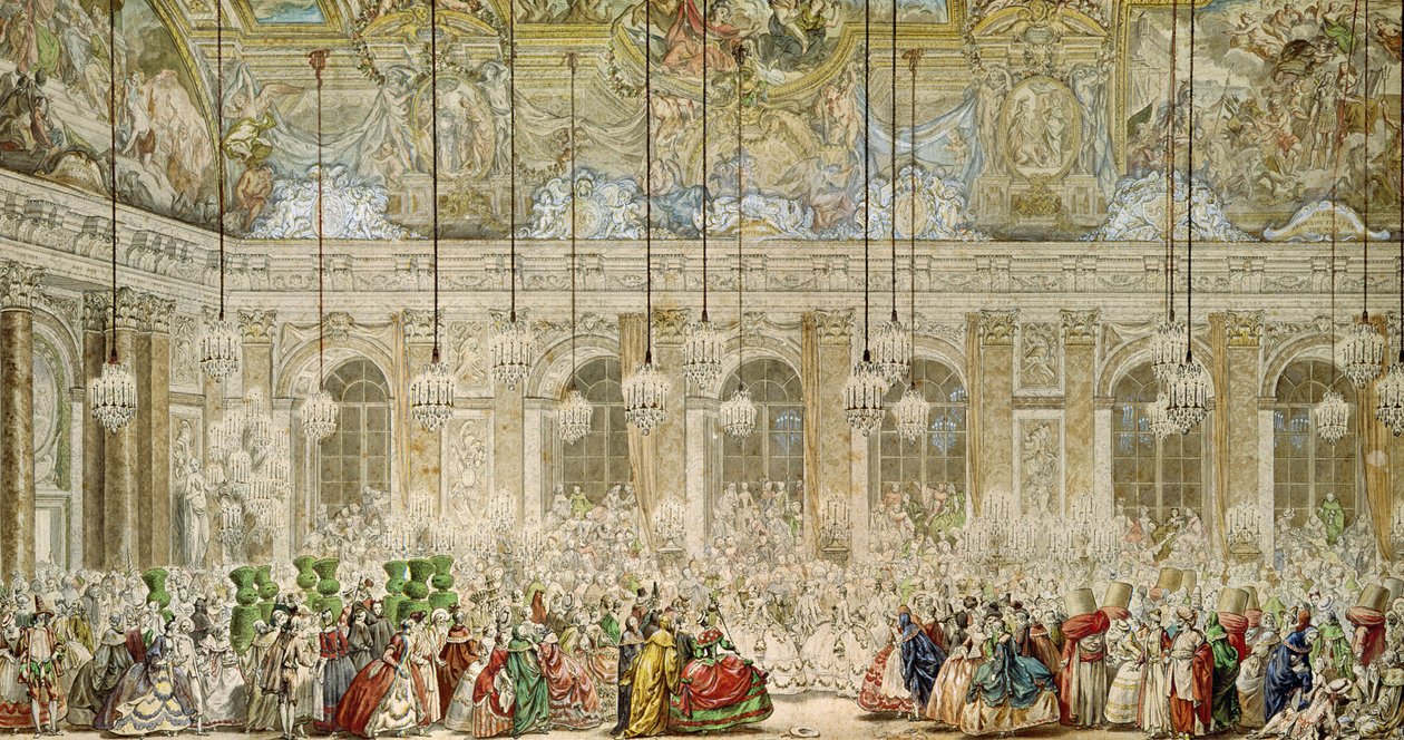 Maskbalen på Galerie des Glaces, 17 februari 1745 (penna och bläck och wc på papper) av Charles Nicolas II Cochin