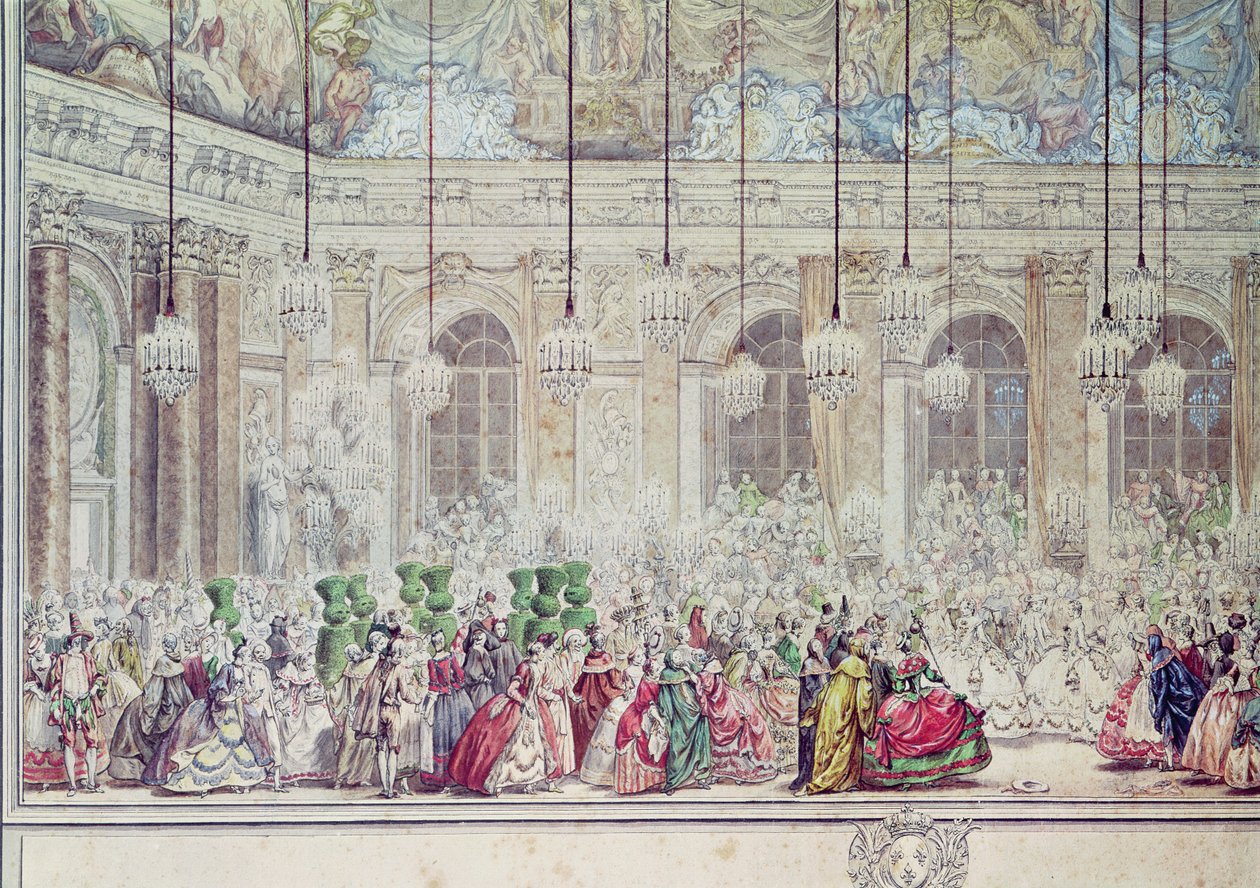 Maskeringsbalen på Galerie des Glaces i samband med dauphinens bröllop med Marie-Therese, 17 februari 1745 (penna och bläck och wc på papper) (detalj) av Charles Nicolas II Cochin